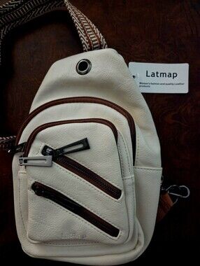 Latmap Cream Crossbody- Waist- Sling- Daypack Bag with Brown Accents NWT